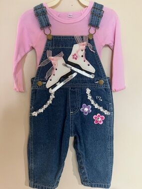 VTG 1990's Denim Overalls with Ice Skates and Floral Accents Old Store Stock